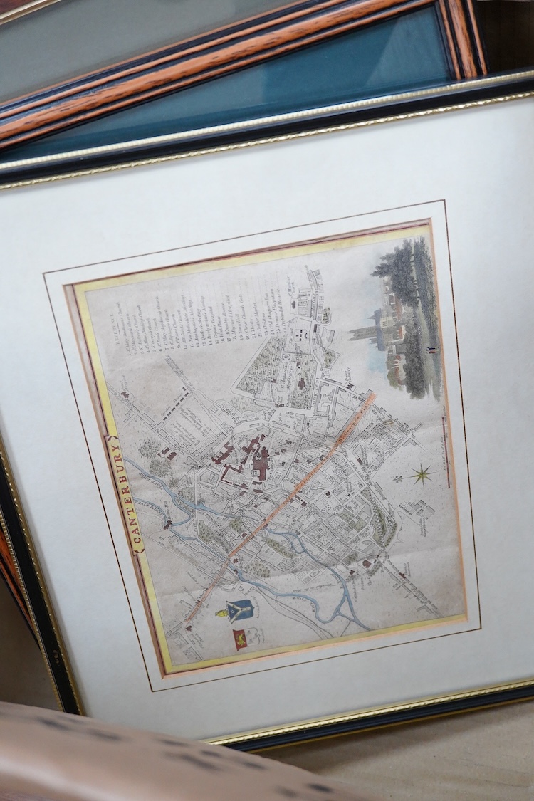 A collection of maps and engravings relating to Kent to include after William Kip, antique hand coloured map of Kent, after J Cary, another map published 1787, maps of Canterbury and various engravings of Canterbury Cast